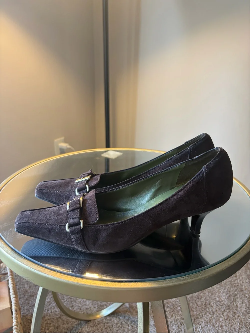 Ann Taylor Dark Brown Suede Mid-Heel Pumps with Buckle
